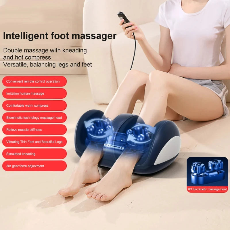 A collage of images showing a blue heated shiatsu foot massager in use by a seated person. The images depict the device's various features such as heating and rolling massage action.
