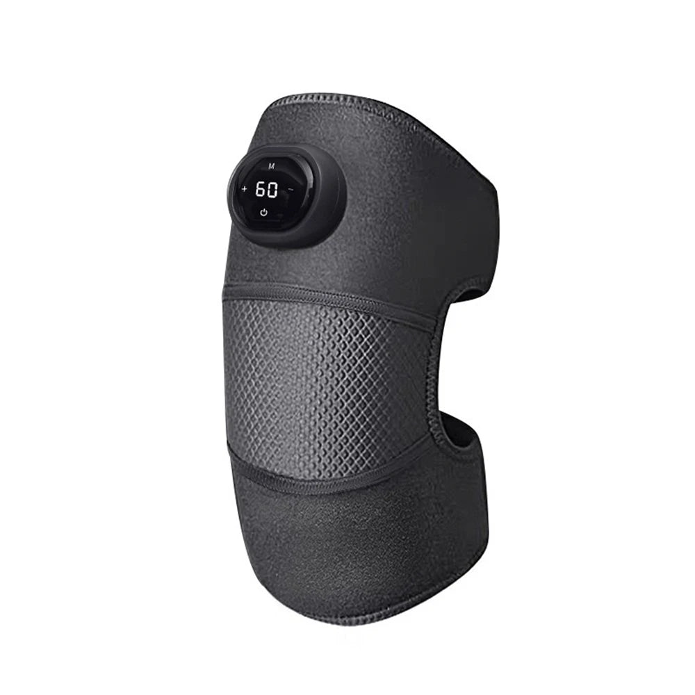 Adjustable electric knee massager pad with control unit and extension strap, in gray color, highlighting features such as temperature settings and vibration.